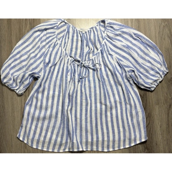 Rails Kristie Stripe Linen Blend Shirt Women's Size Large Balloon Sleeve Blouse - Picture 5 of 15